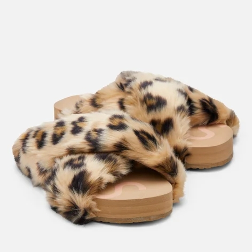 Leopard Print Faux Fur Women's Slippers